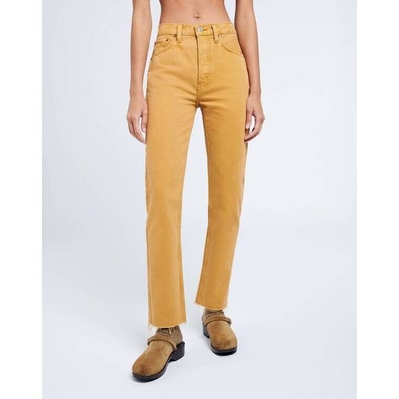 Re/Done 70s Stove Pipe Womens Size 25 High Rise Straight Leg Denim Jeans Mustard - Picture 1 of 11